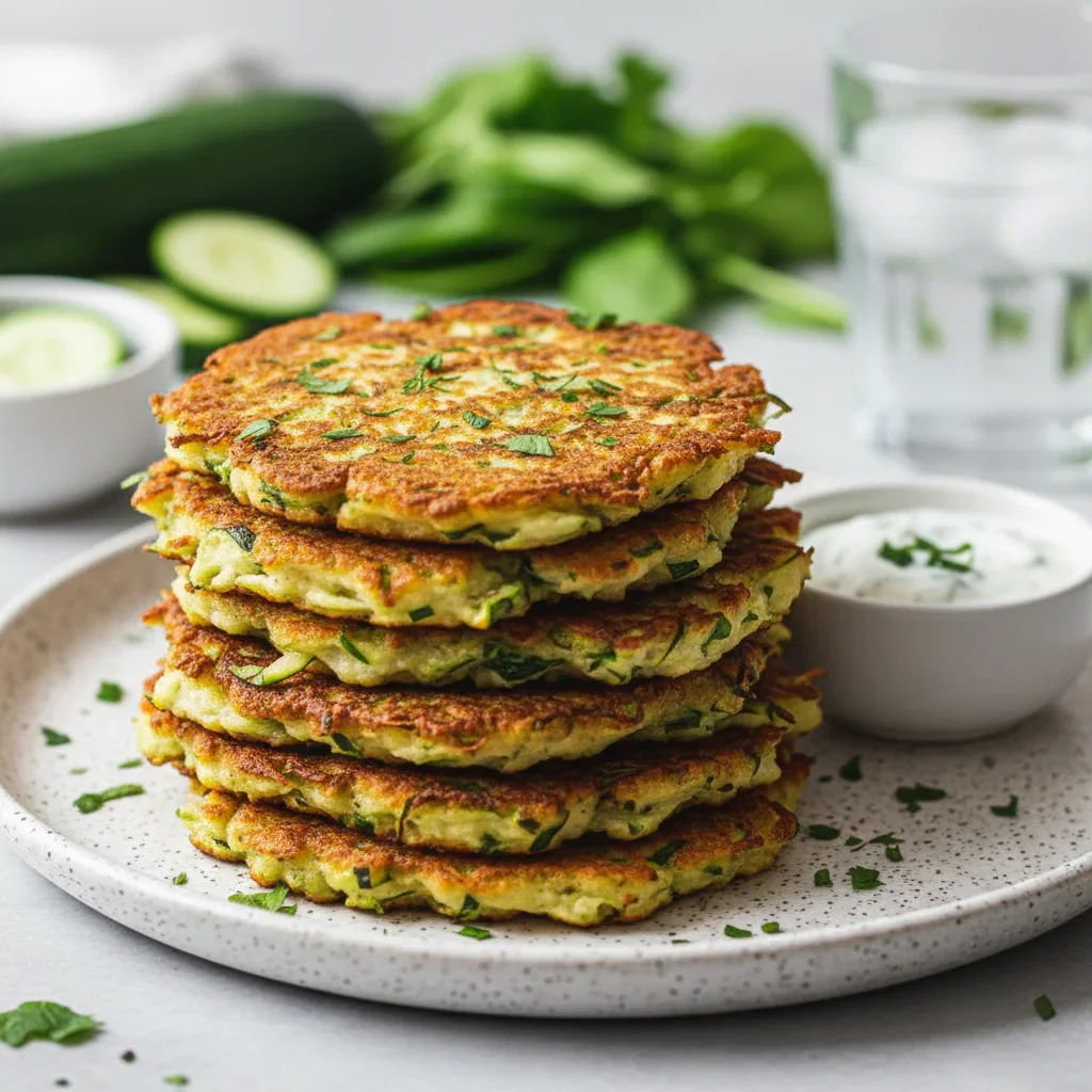 Stacked golden-brown zucchini fritters with herbs on a plate, served with a creamy dipping sauce.