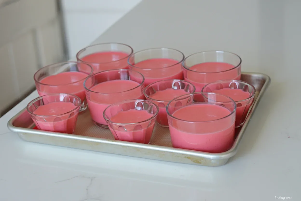 Small glass cups filled with pink creamy dessert or beverage on a metal tray.
