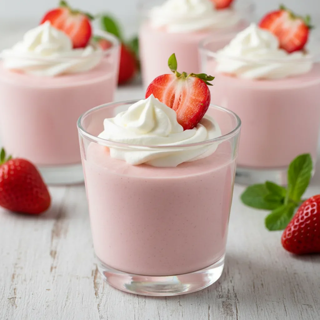 A glass cup filled with pink strawberry mousse, topped with whipped cream and a sliced strawberry.
