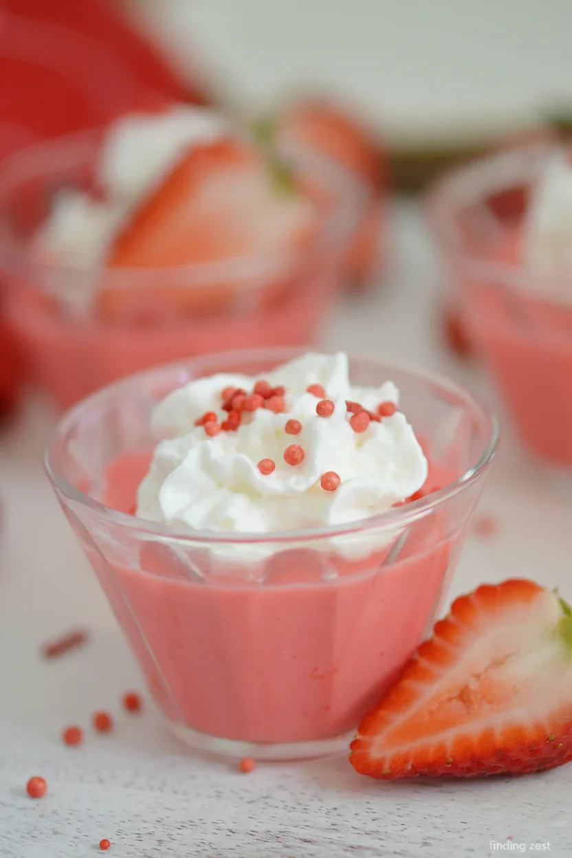 Small glass bowl of pink strawberry mousse topped with whipped cream and red sprinkles, with fresh strawberries nearby.