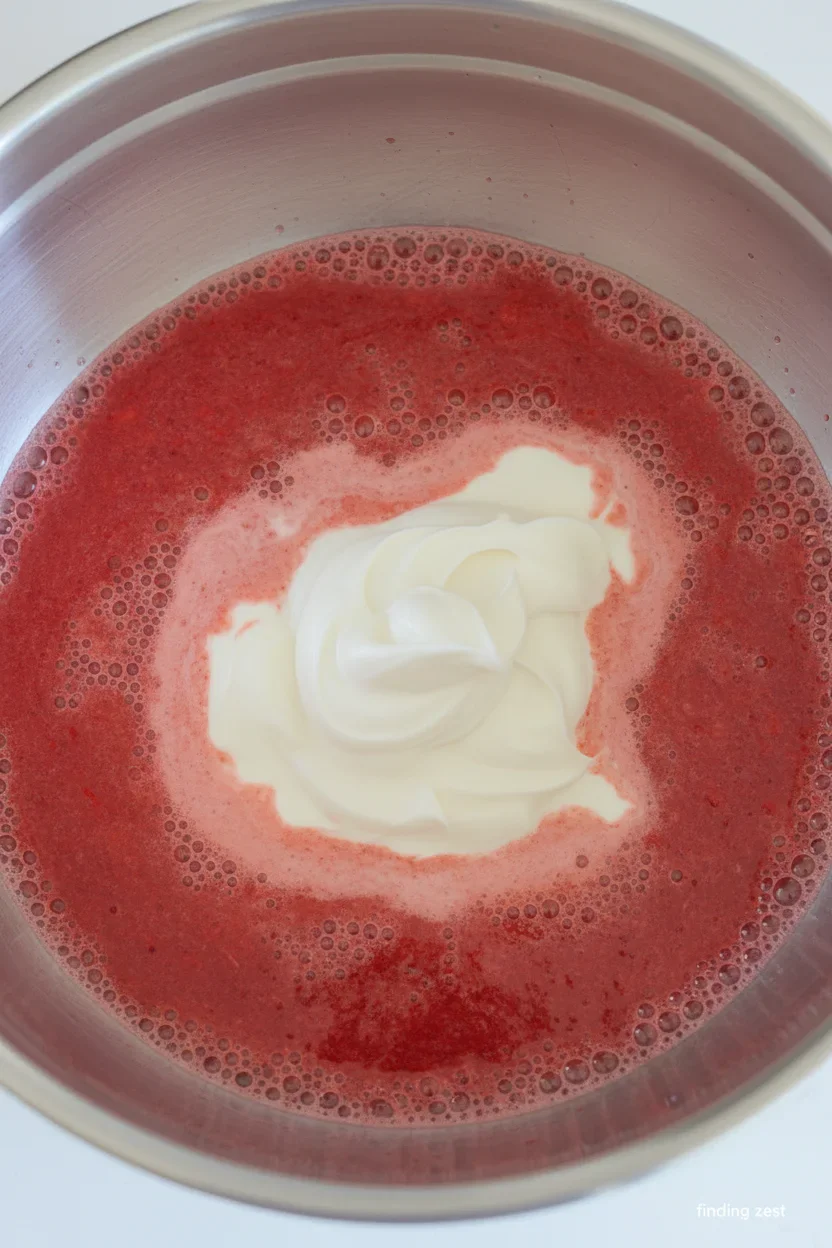 A metal bowl containing red fruit juice with a dollop of white mayonnaise or sour cream on top.