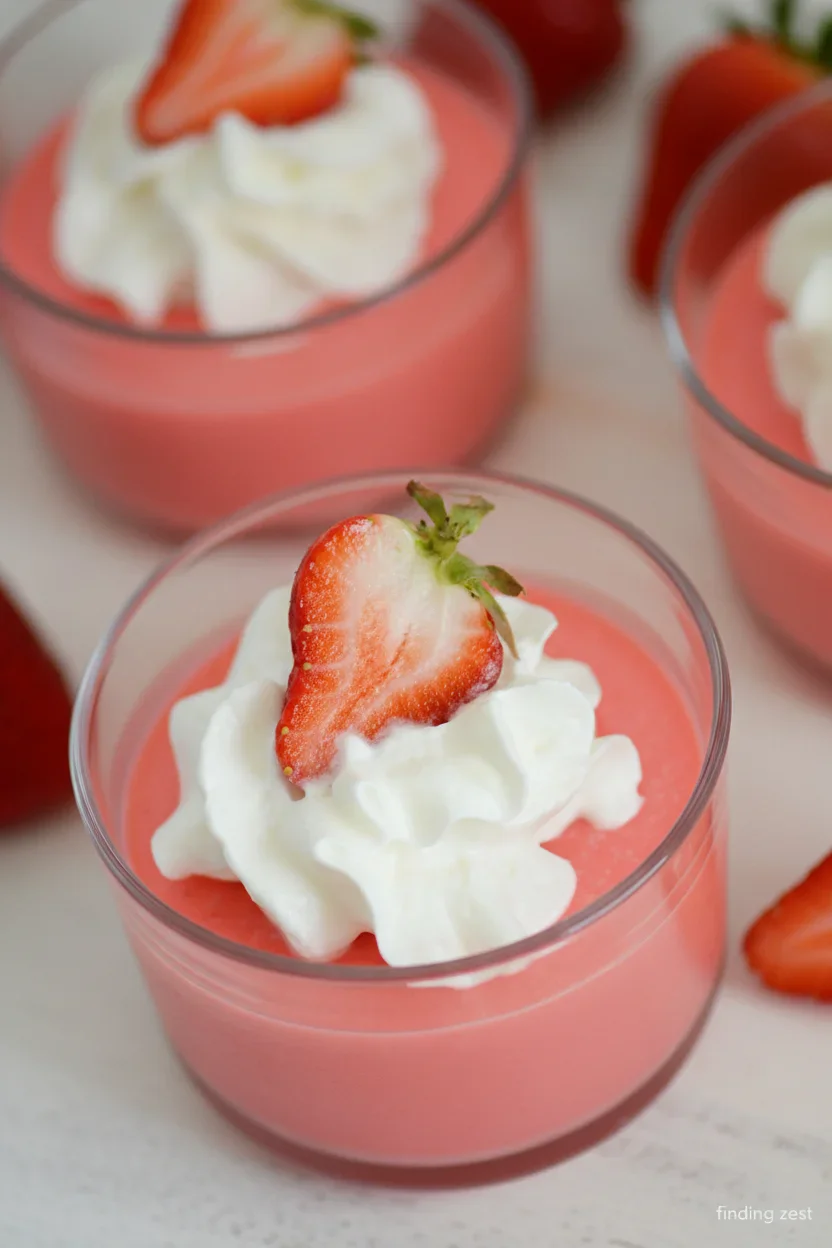 A glass of pink strawberry dessert topped with whipped cream and a fresh strawberry half.