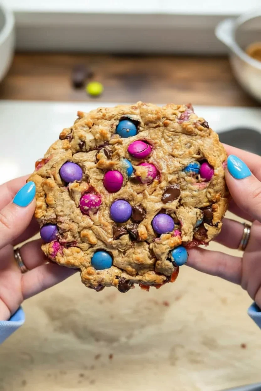 Hands-Holding-Single-Serve-Protein-Cookie.jpg Large homemade cookie with colorful candy-coated chocolates and chocolate chunks, held by hands with pink and blue nails.