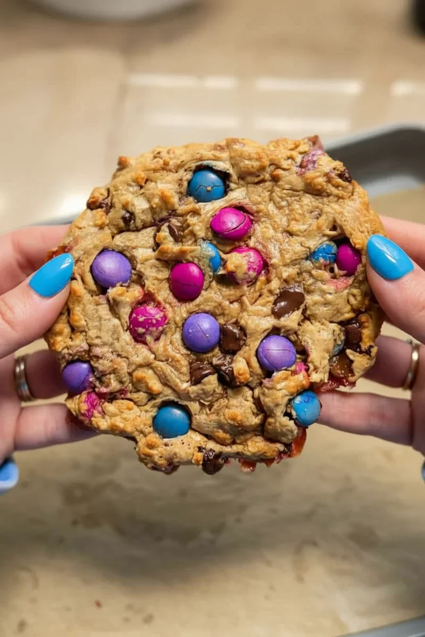 Large homemade cookie with colorful candy-coated chocolates and chocolate chips, held by hands with pink and blue nails.