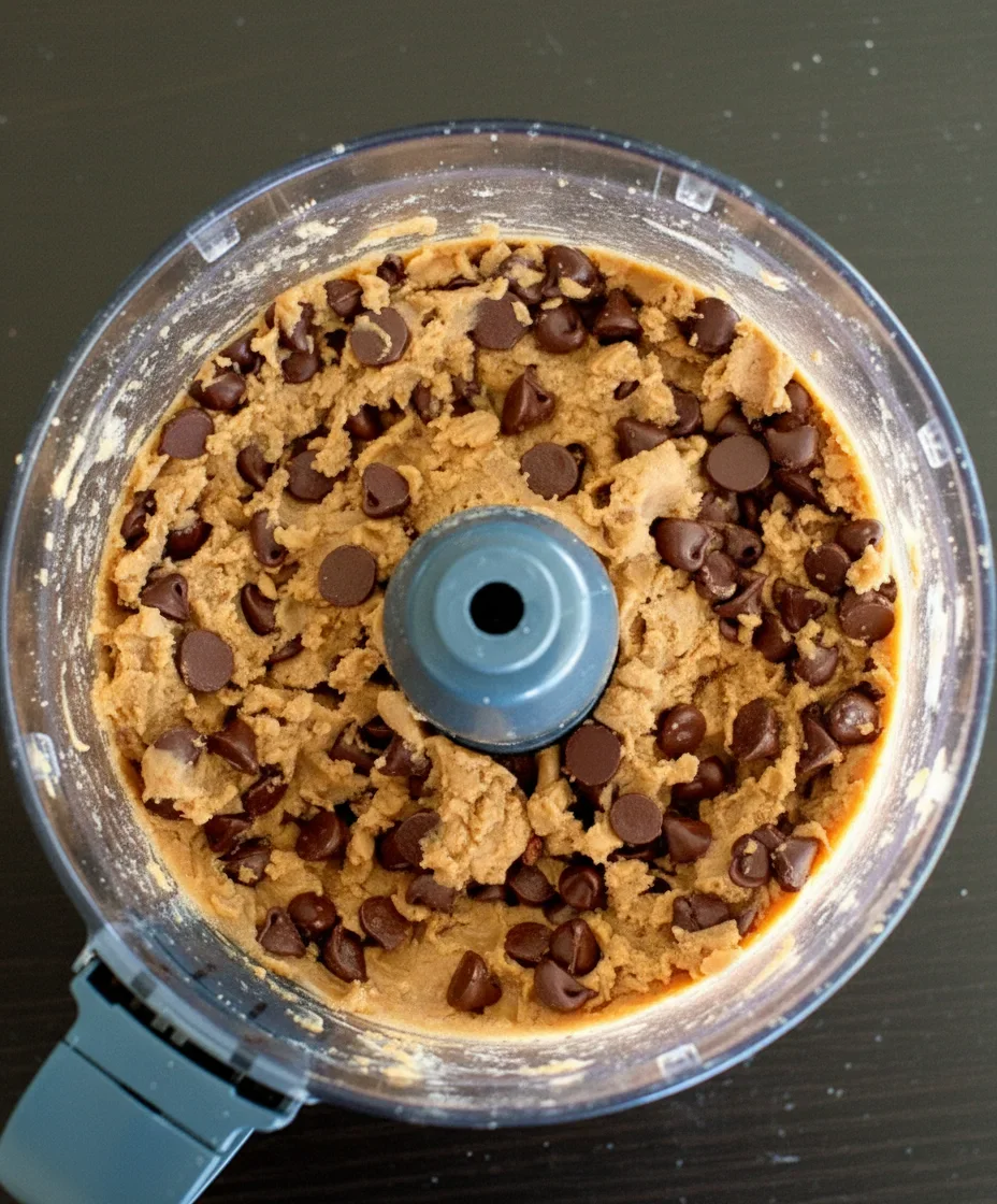 Top-down view of cookie dough with chocolate chips in a food processor bowl.