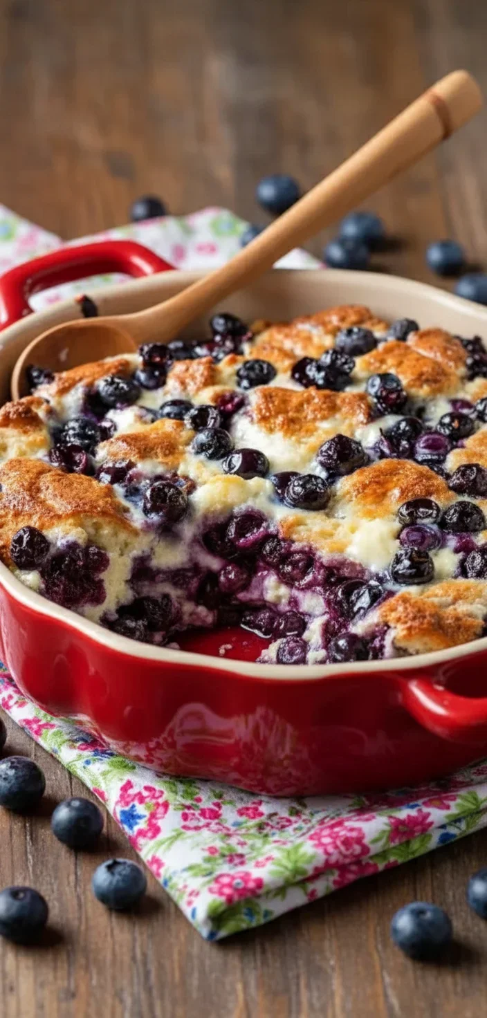 Baked blueberry cottage cheese breakfast casserole in a red dish with blueberries and a golden crust.