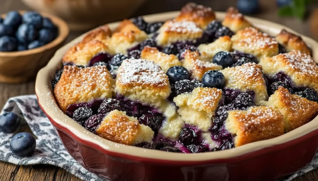A warm blueberry cobbler with a golden crust and fresh blueberries in a red ceramic dish.