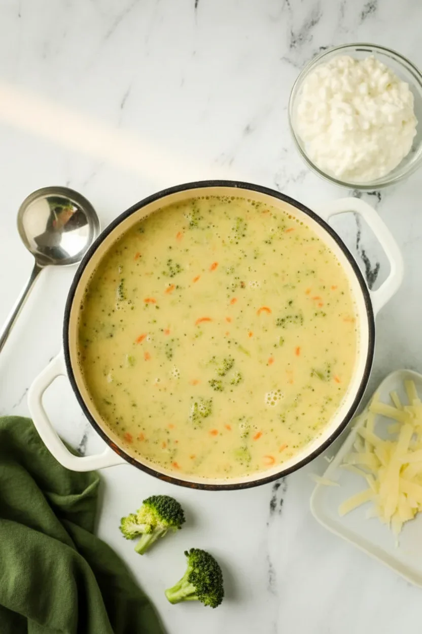A pot of creamy vegetable soup with broccoli and carrots, surrounded by fresh broccoli, cottage cheese, and shredded cheese on a white marble surface.
