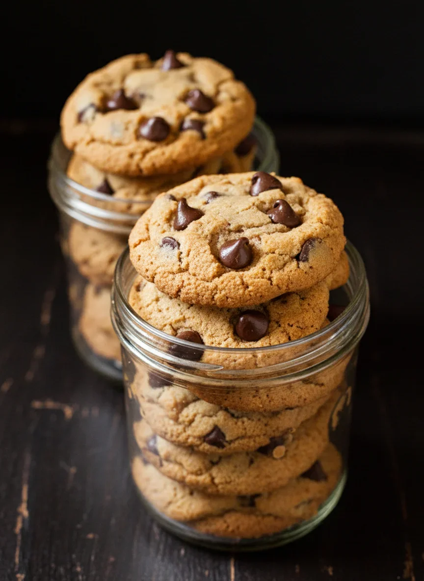 Two jars filled with chocolate chip cookie dough, showing golden-brown cookies with chocolate chips on a dark background.