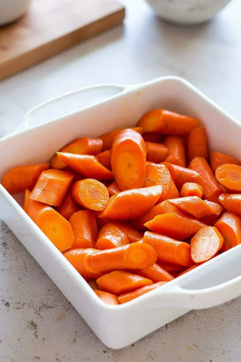 Bright orange peeled and sliced carrots in a white dish on a light surface.