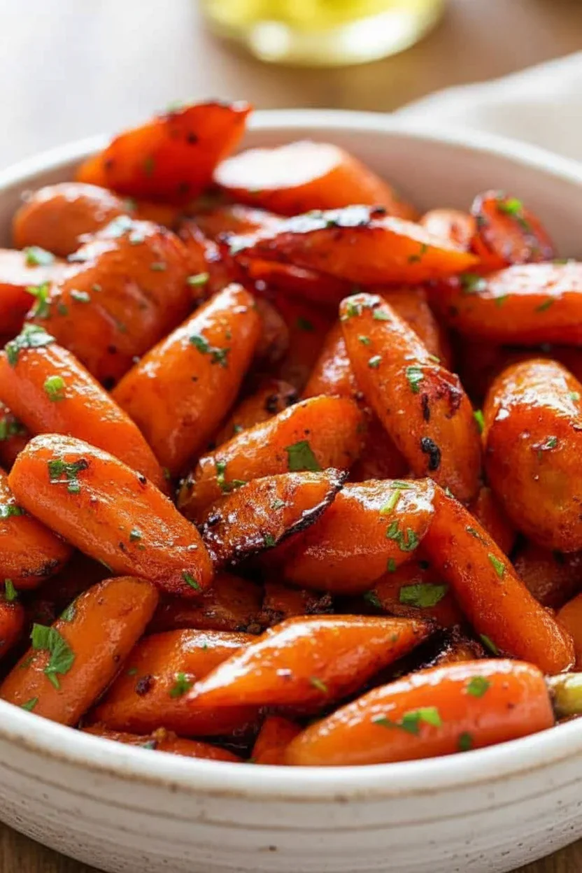 Close-up of glazed roasted carrots garnished with chopped herbs, showing a shiny, caramelized surface and vibrant orange color.
