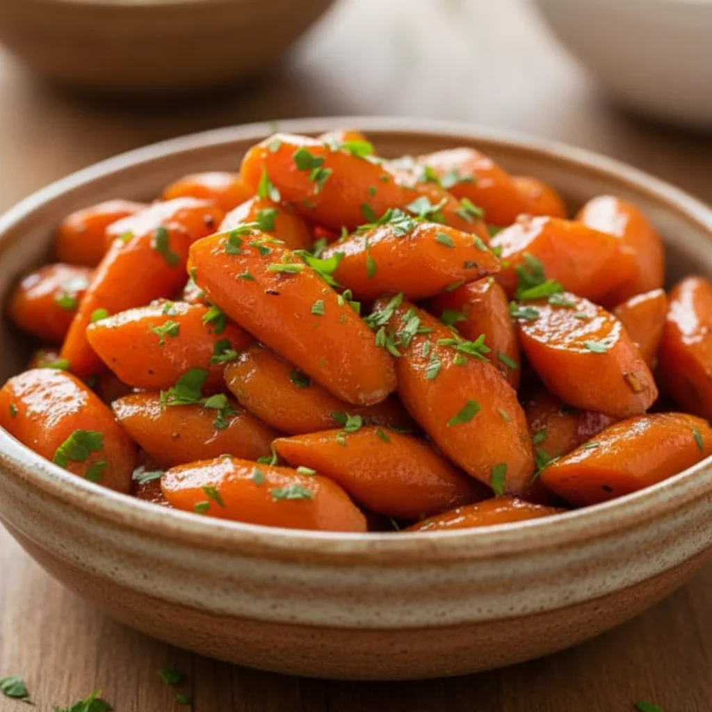 Close-up of glazed carrots garnished with chopped herbs, shiny and tender, on a food blog display.
