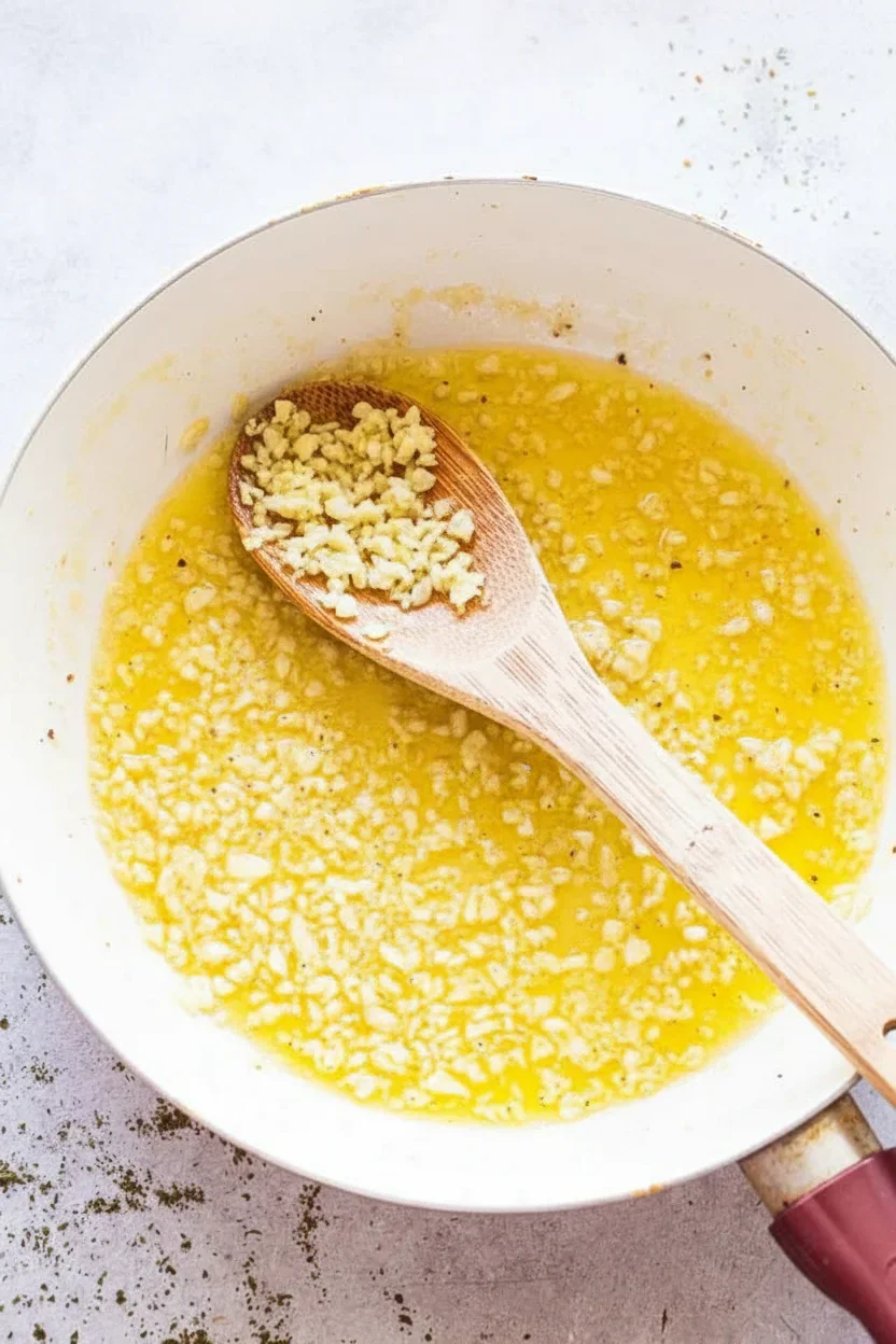 Butter with chopped garlic melting in a white pot, with a wooden spoon inside, on a light surface.