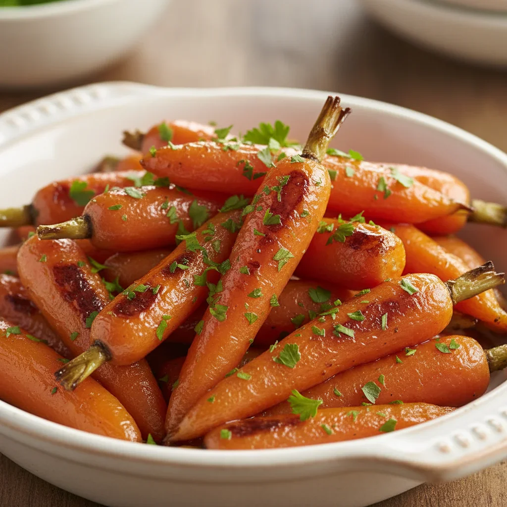 Close-up of glazed roasted carrots garnished with chopped herbs in a white dish.