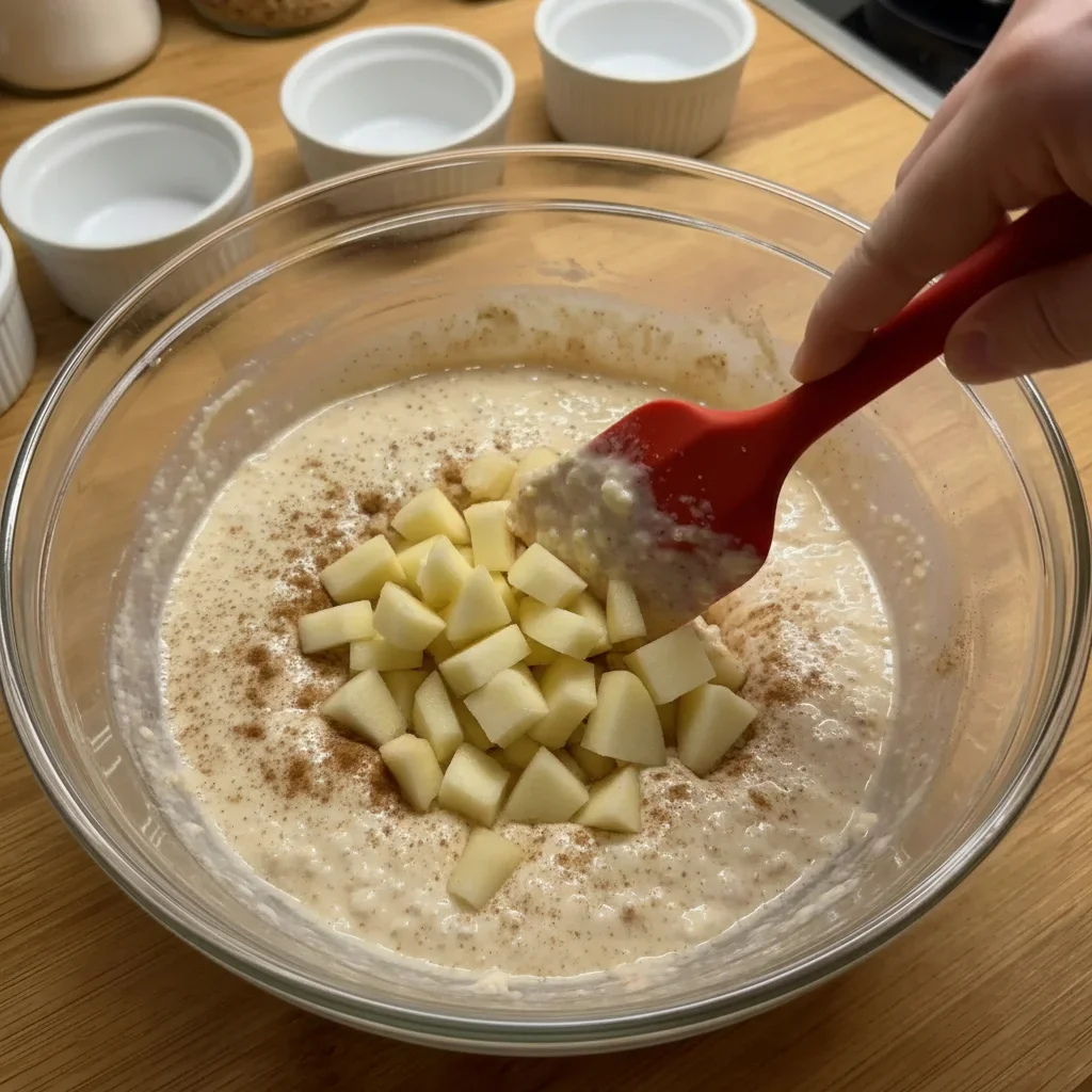 Creamy apple mixture with cinnamon and apple chunks in a glass bowl, being stirred with a red spatula.