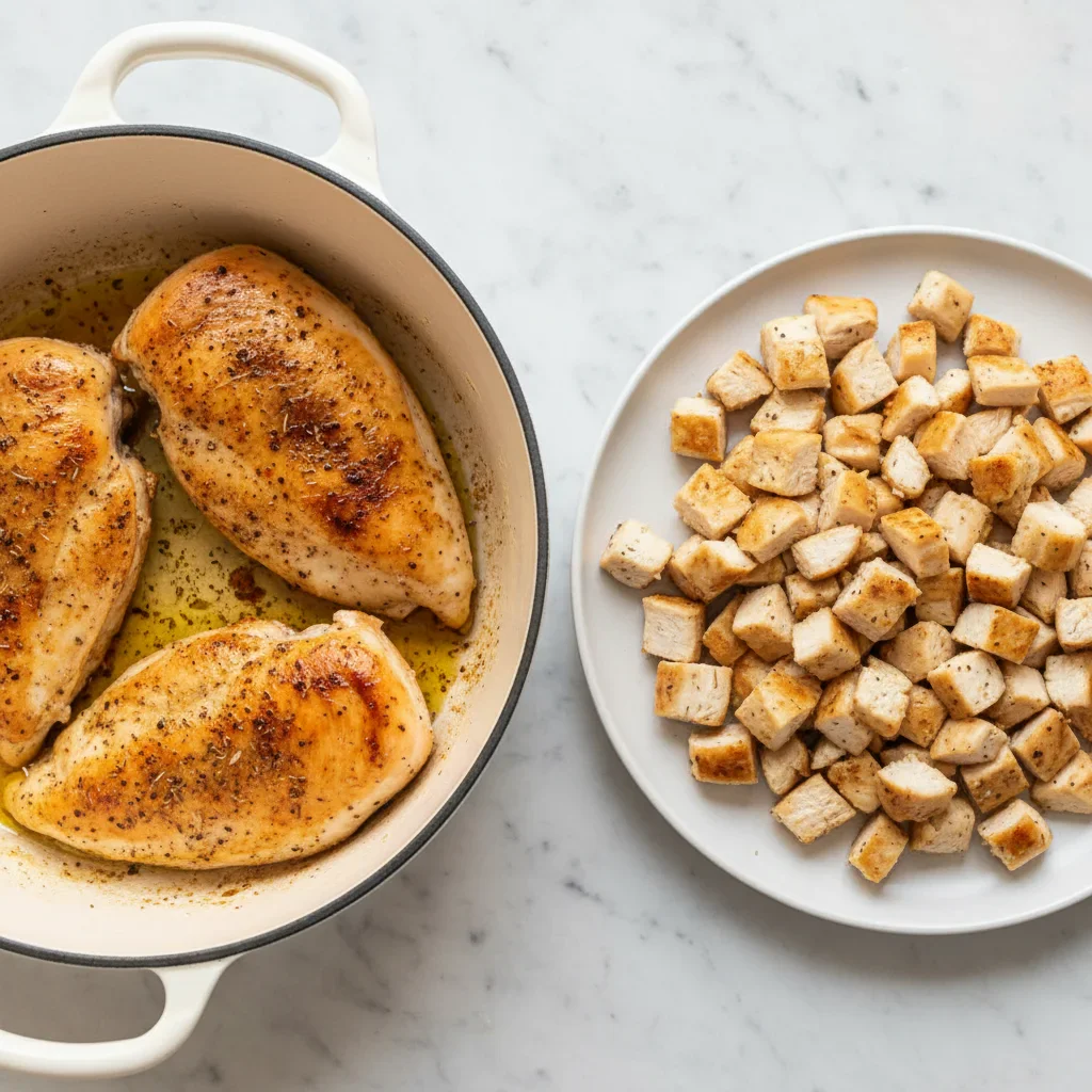 Two images showing chicken: seasoned chicken breasts cooking in a pot and chopped cooked chicken on a plate.