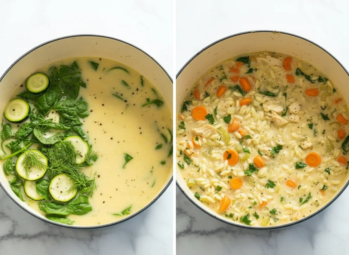 Two images of creamy vegetable soup with greens, carrots, and chicken in a white enamel pot on a marble surface.