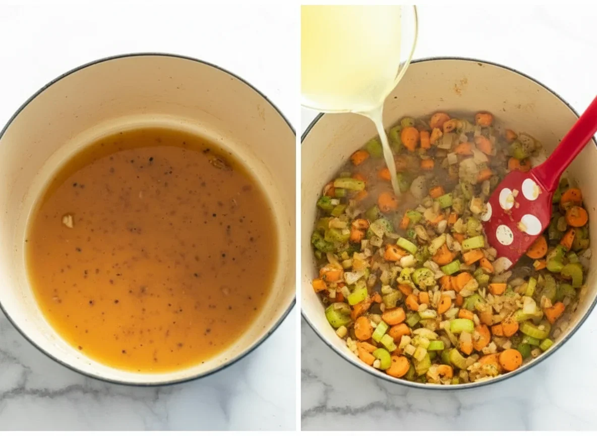 Cooking vegetables with broth in a pot, pouring liquid into sautéed vegetables, step in soup making process.