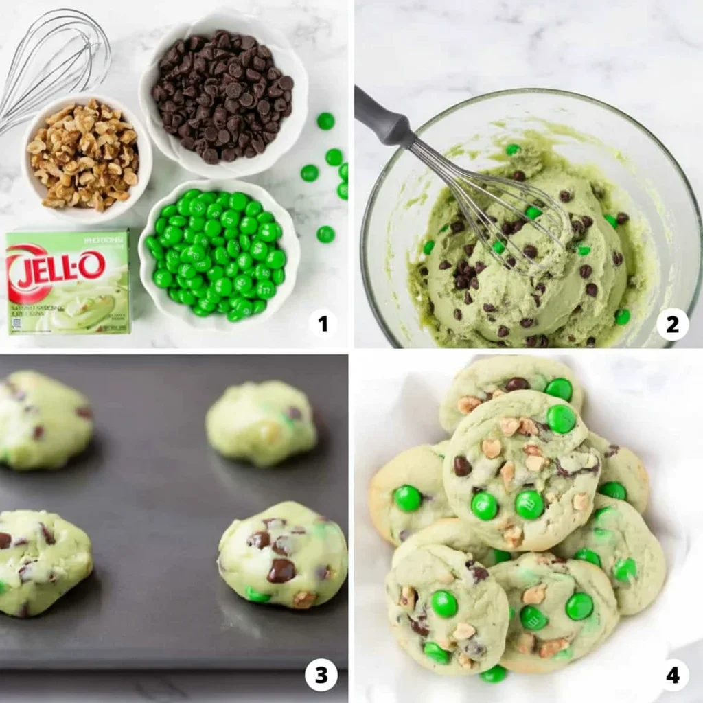 Unbaked and baked green cookies with candies and nuts, shown in four stages of preparation and baking.