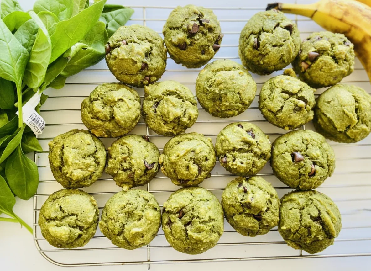 Green cookies with chocolate chips on a cooling rack, with spinach leaves and bananas nearby.