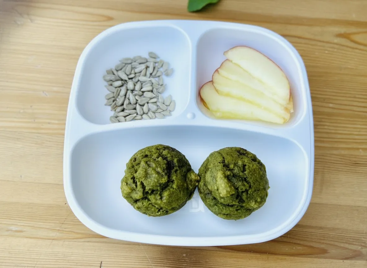 Divided plate with sunflower seeds, apple slices, and green snack balls on wooden surface.