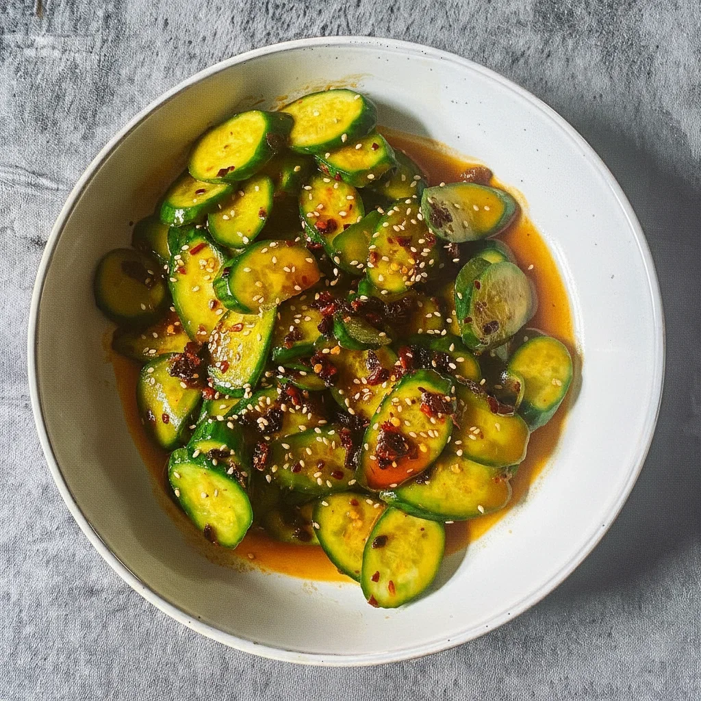 Fresh sliced cucumbers coated in a spicy sauce with chili flakes and sesame seeds in a white bowl.