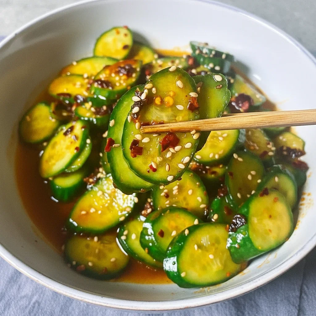 Fresh cucumber slices coated in spicy sauce with sesame seeds on top, held by chopsticks.
