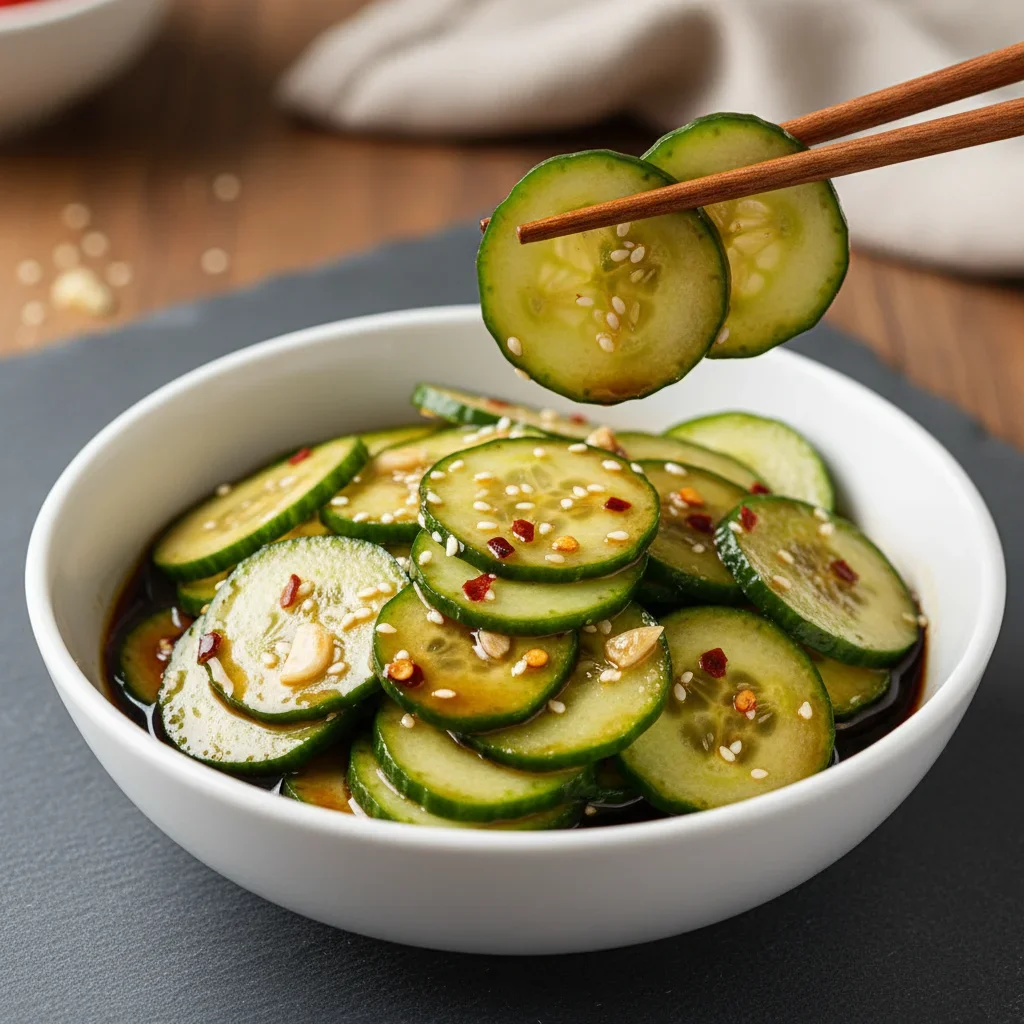 Bright green cucumber slices in a soy sauce with sesame seeds, chili flakes, and garlic, held by chopsticks.