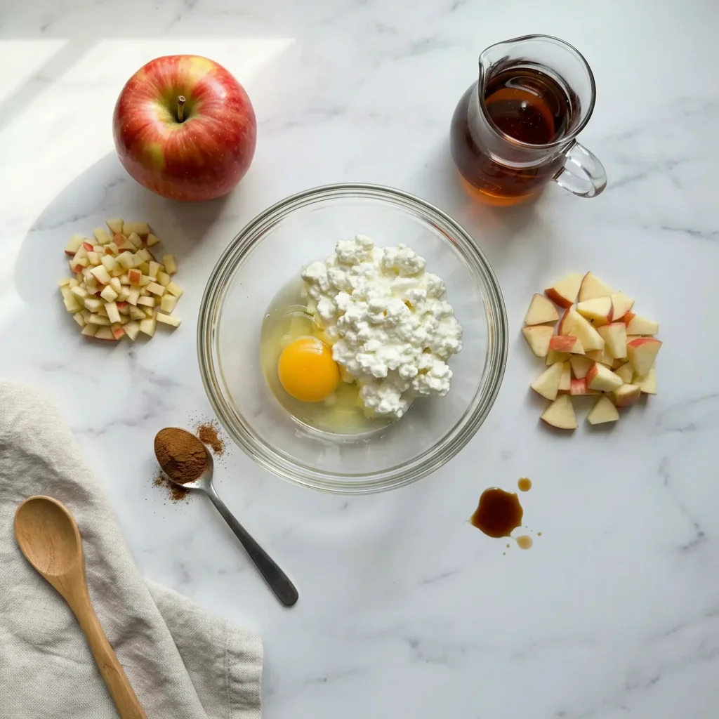 Flat lay of apple, cottage cheese, egg, syrup, cinnamon, and utensils on a white marble surface.