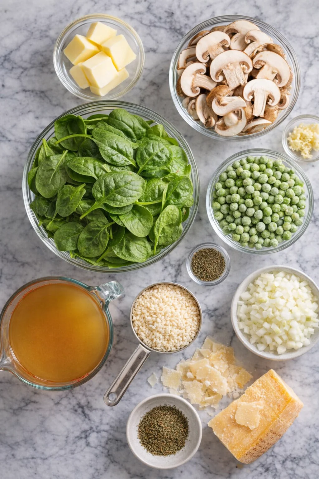 Instant-Pot-Mushroom-Risotto_279-760x1140.jpg Overhead view of spinach, mushrooms, peas, rice, onions, butter, stock, and parmesan arranged in glass bowls on a marble countertop.
