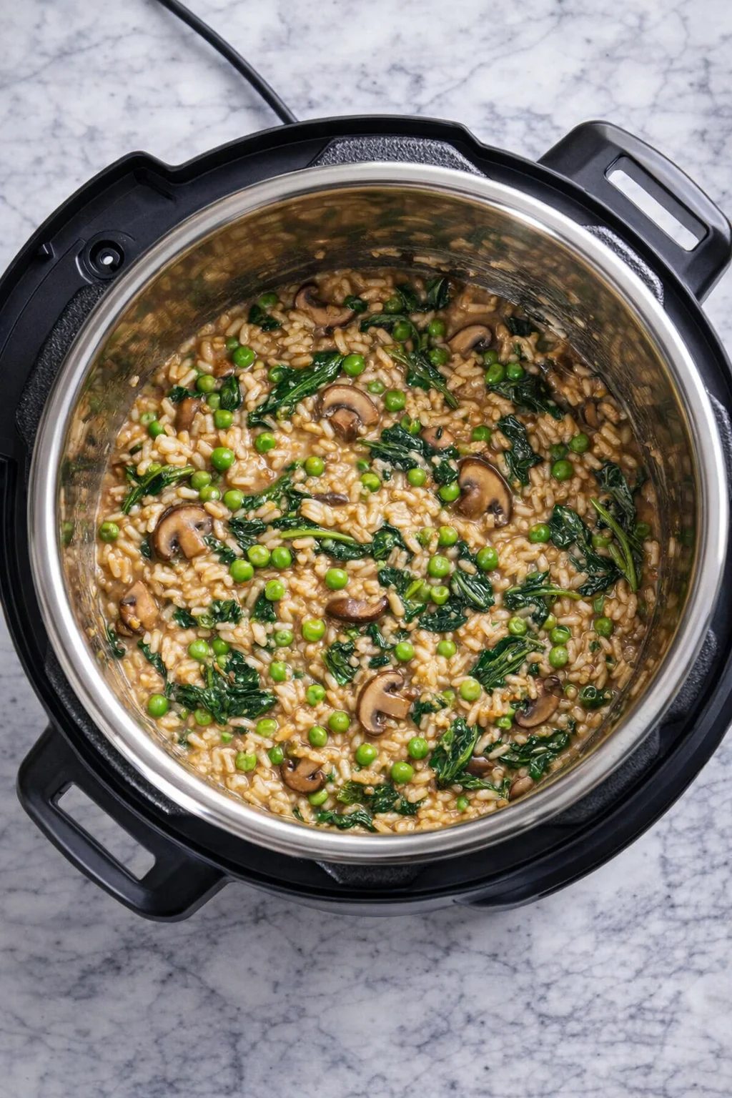 Instant-Pot-Mushroom-Risotto_314-760x1140.jpg top-down view of a stainless steel inner pot in an electric pressure cooker, filled with mushrooms, peas, greens, and rice.