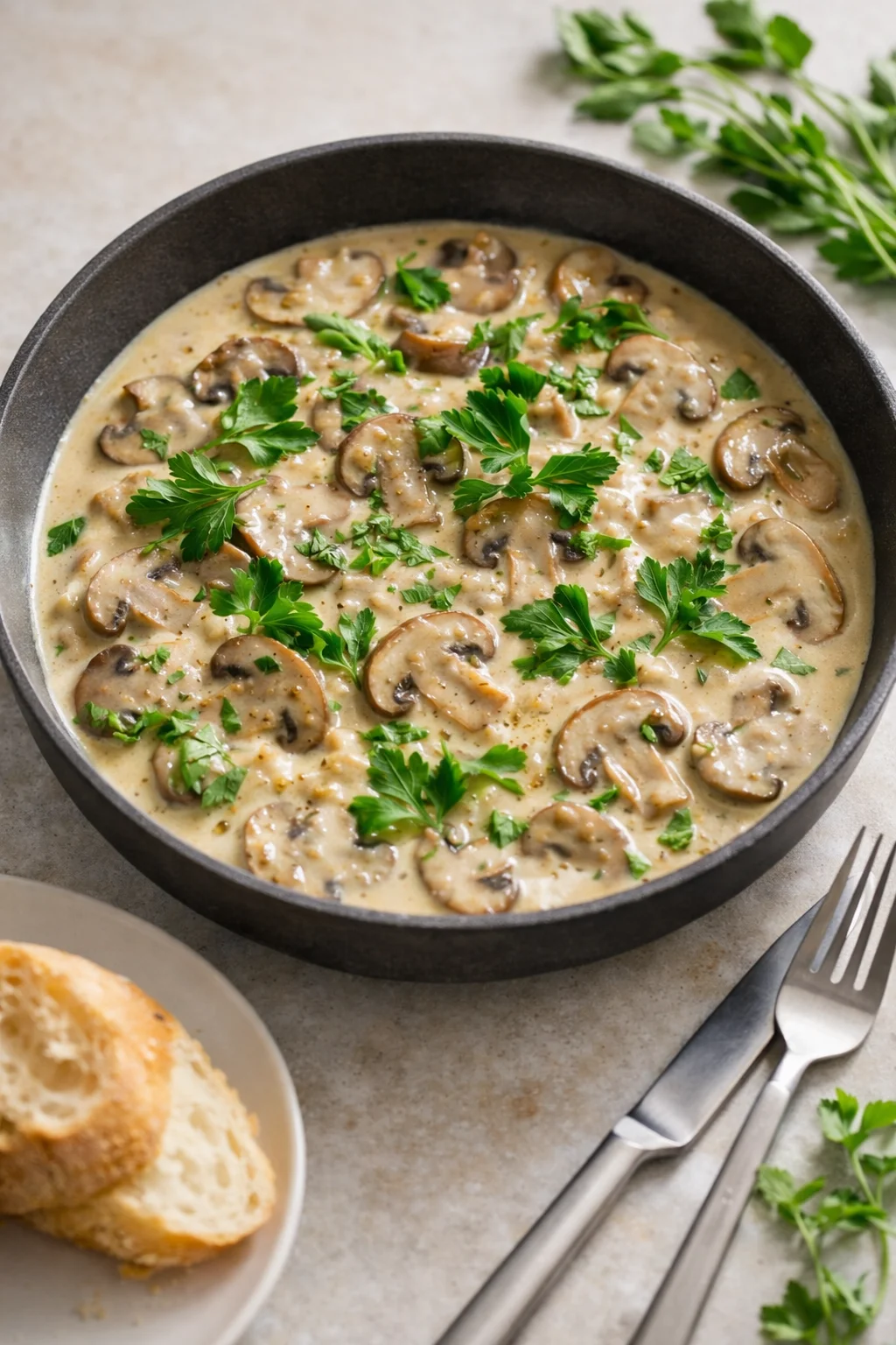 Instant-Pot-Mushroom-Risotto_317-200x200.jpg creamy mushroom dish in a dark skillet topped with parsley, with bread nearby