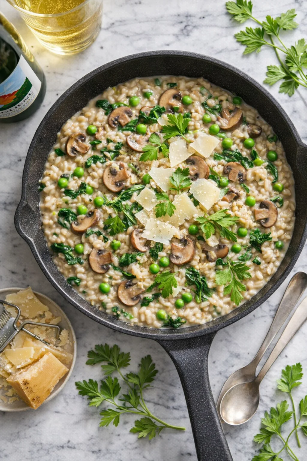Instant-Pot-Mushroom-Risotto_317-760x1140.jpg pan of creamy mushroom risotto with peas, parsley, and parmesan shavings on a marble counter