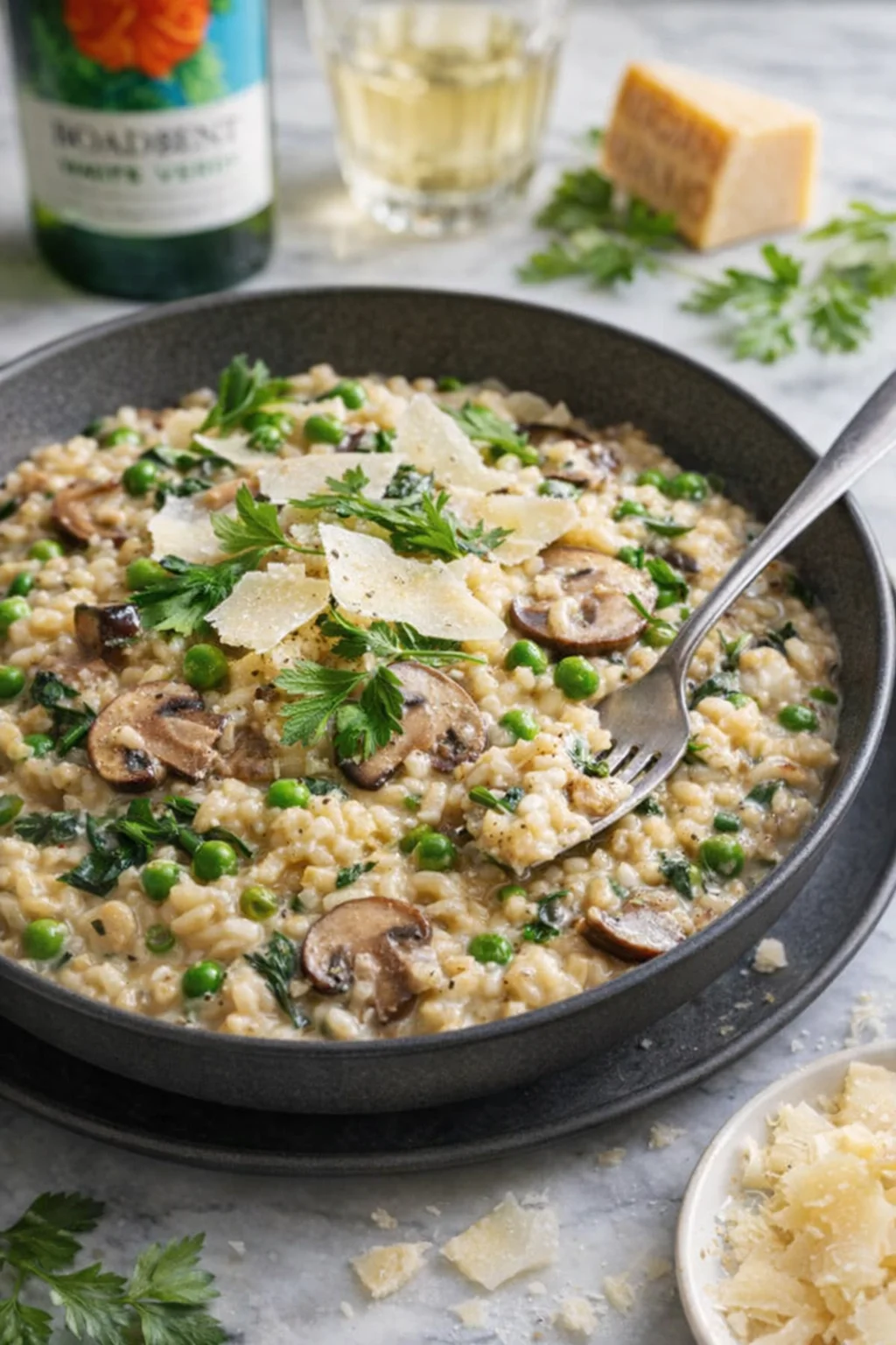 Instant-Pot-Mushroom-Risotto_319-760x1140.jpg Creamy mushroom risotto with peas and parmesan shavings in a dark bowl on a marble counter