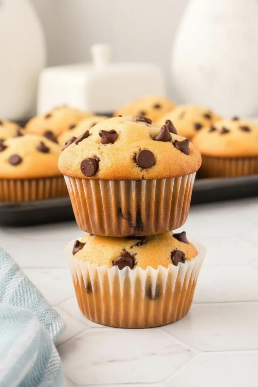 Two stacked chocolate chip muffins on a white surface with more muffins in the background, bright and inviting scene.