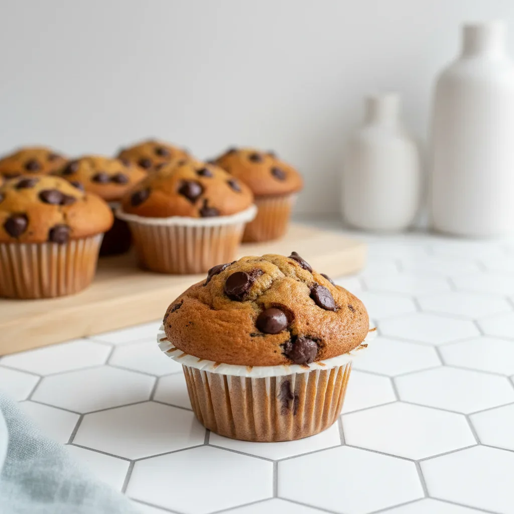 Close-up of a golden chocolate chip muffin on a white paper liner with more muffins in the background.