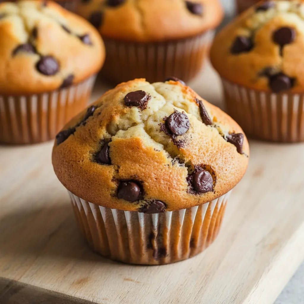 Close-up of a golden muffin with chocolate chips, on a white wrapper, with more muffins in the background.