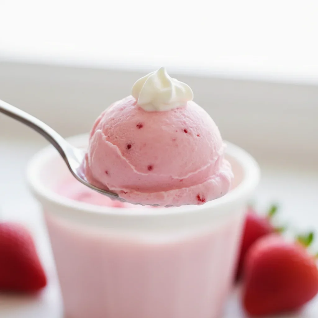 Spoon with pink strawberry frozen yogurt, with strawberries blurred in the background.