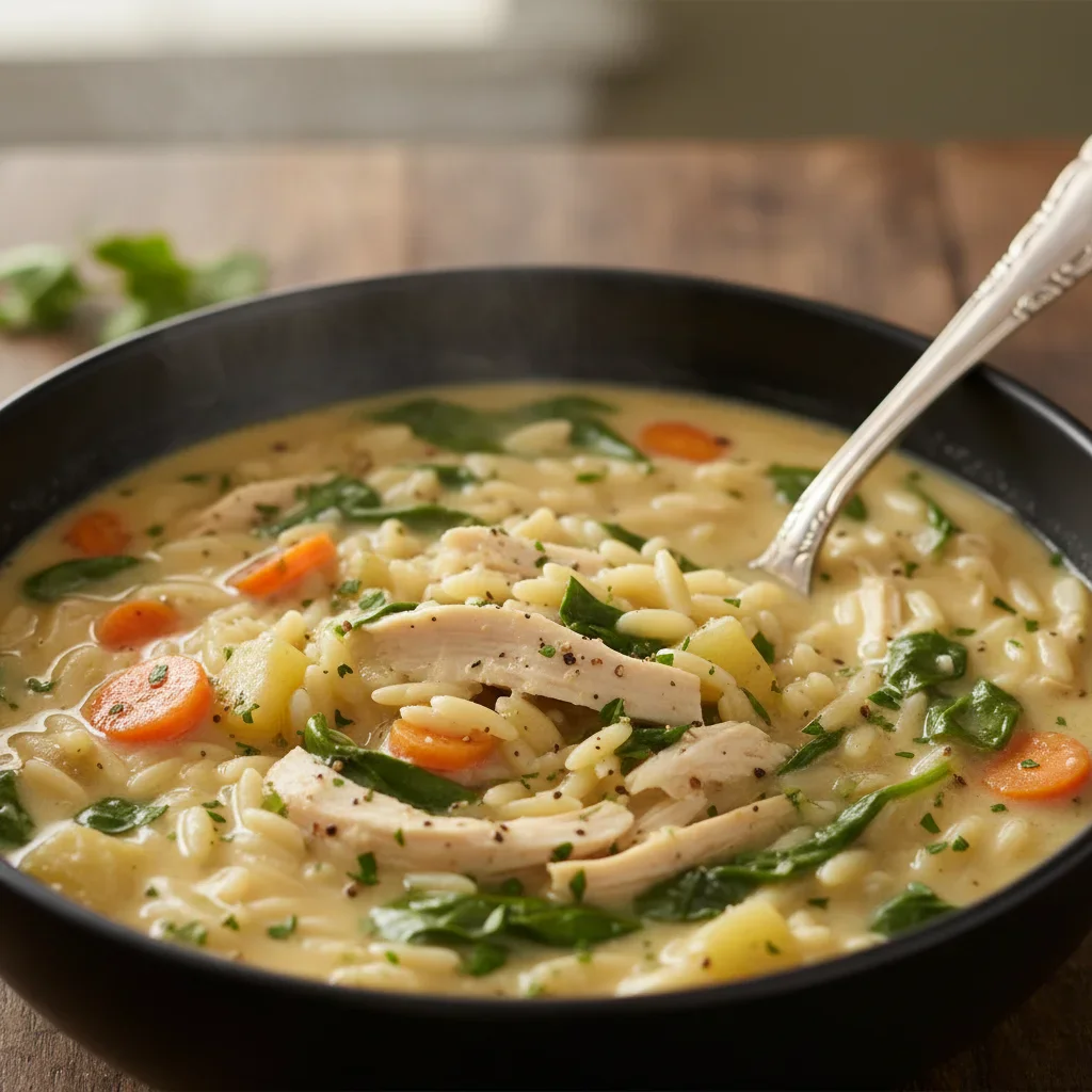 Close-up of a creamy vegetable soup with carrots, spinach, and herbs in a black bowl with a spoon.