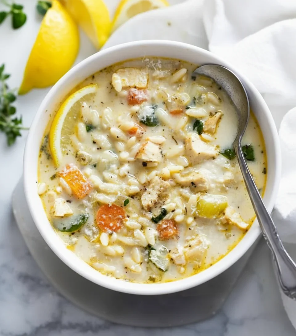 Creamy chicken and vegetable soup in a white bowl with lemon wedge and fresh ingredients in background.