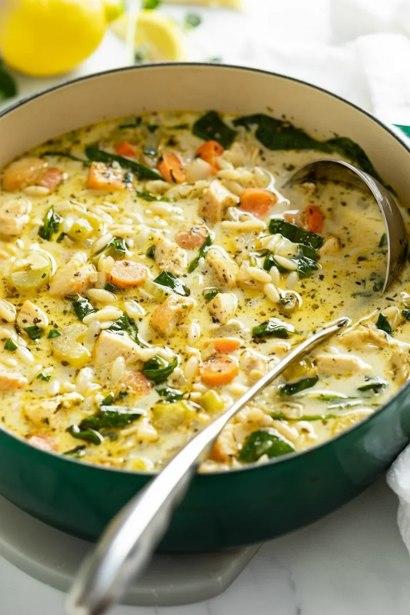 Creamy chicken and vegetable soup with carrots, spinach, and green onions in a green pot, ready to serve.