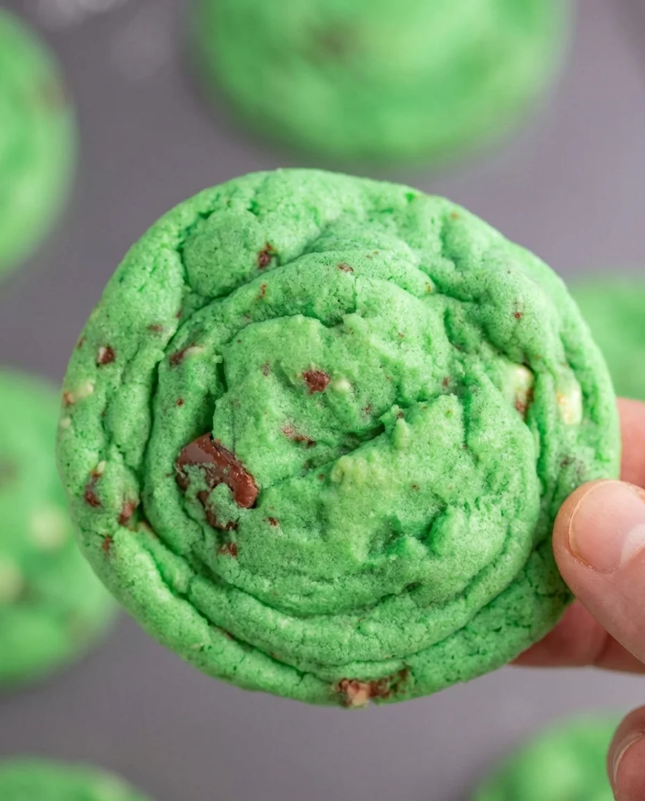 Close-up of a bright green cookie with chocolate chips, held by a person's hand, with a blurred green background.