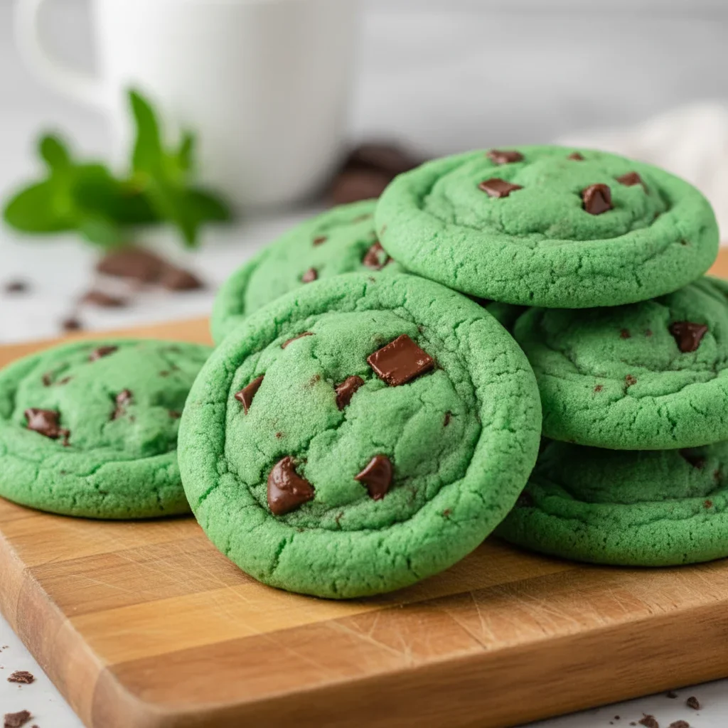Close-up of bright green cookies with chocolate chunks, stacked and inviting.