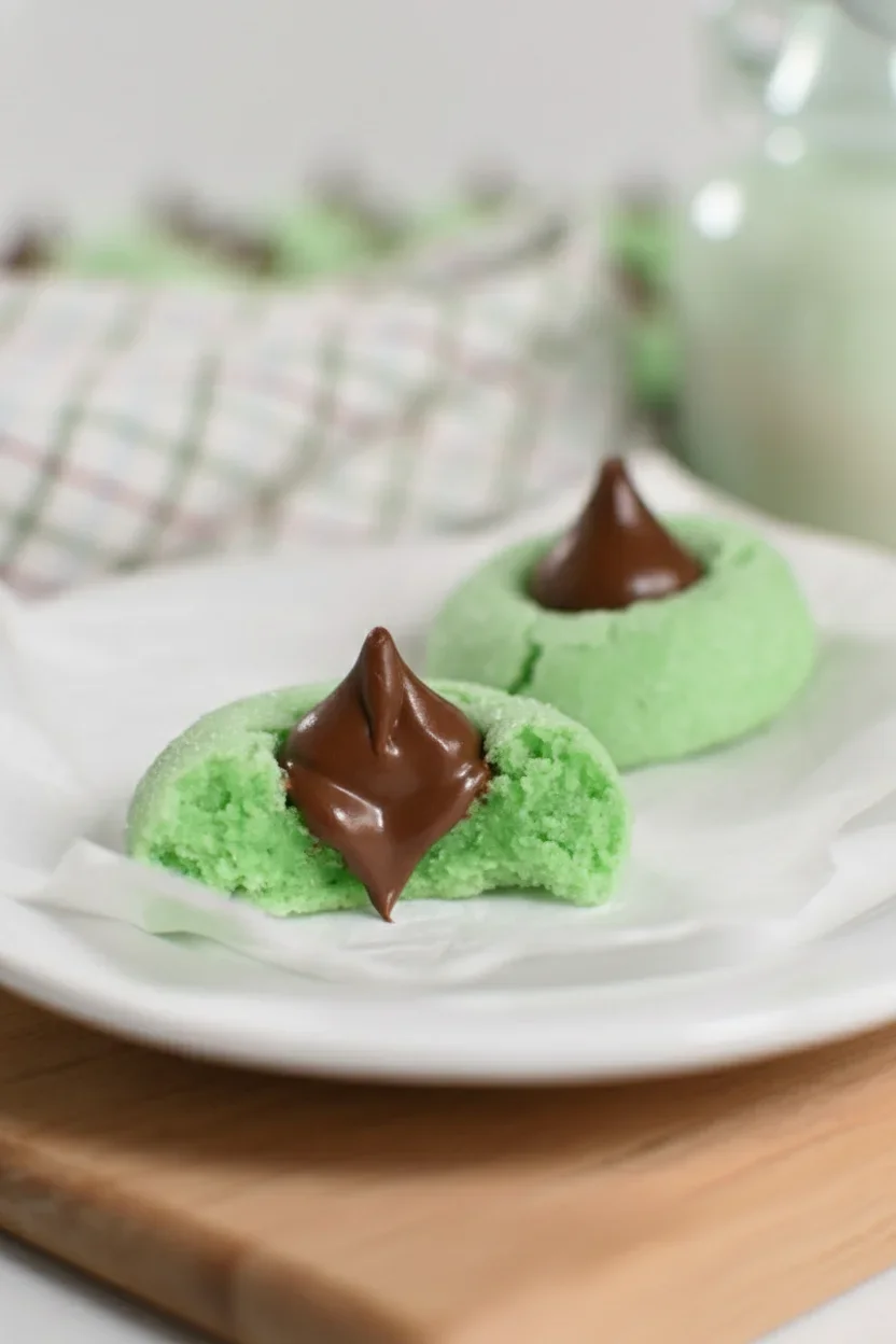 Bright green cookies with melted chocolate centers on a white plate, inviting and delicious.