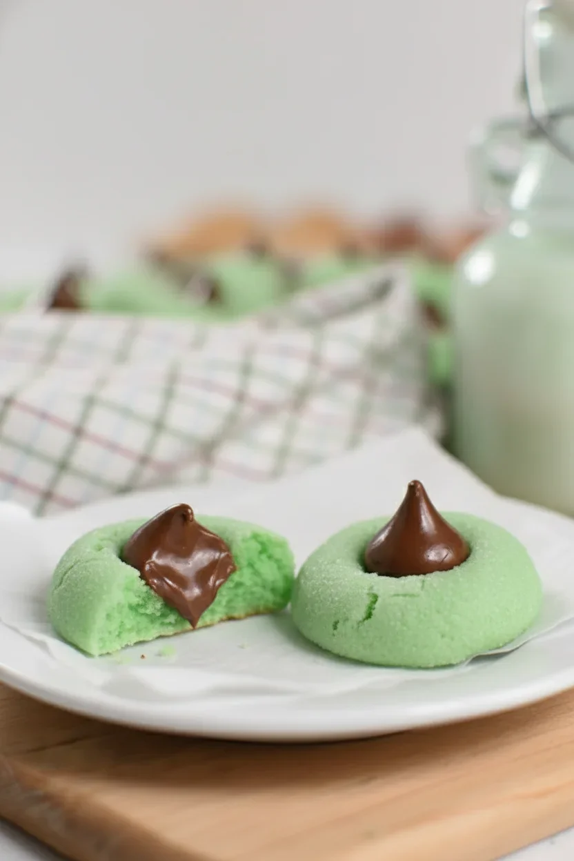 Bright green cookies with melted chocolate topping on a white plate, with a blurred checkered cloth in the background.