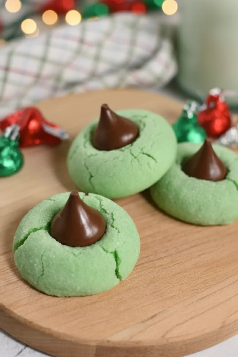 Three green cookies with cracked surface, topped with chocolate cones, on a wooden board with holiday decorations.