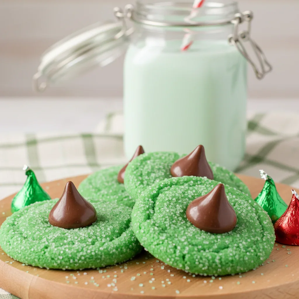 Green cookies decorated as Christmas ornaments with chocolate cones on top, on a wooden board with chocolates and a green drink in the background.