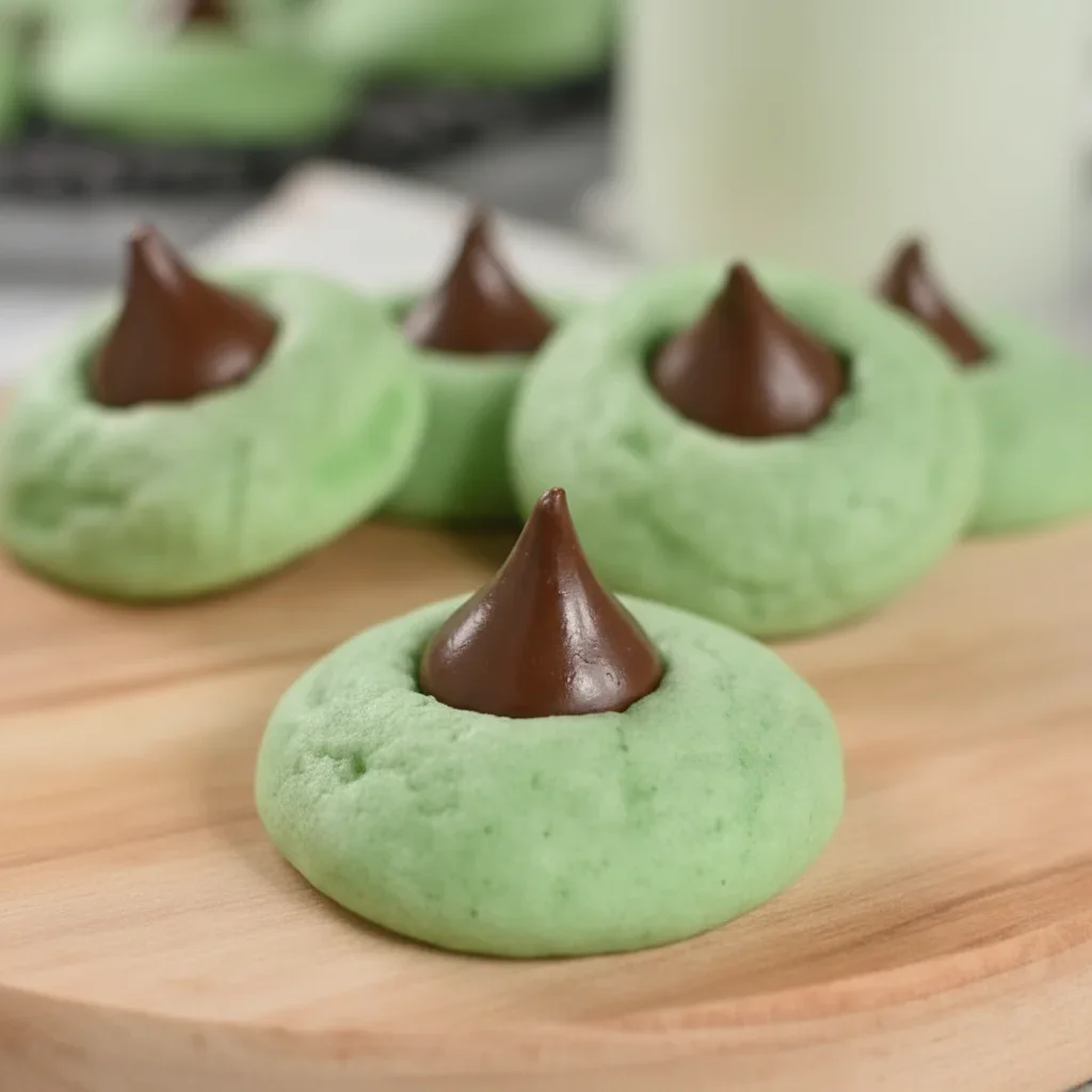 Small green cookies with chocolate centers arranged on a wooden board, bright and inviting for a food blog.