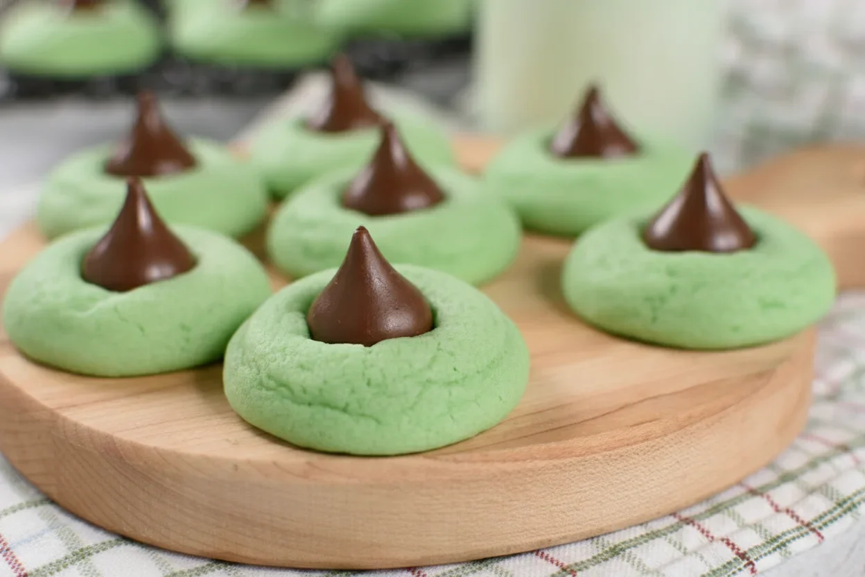 Green cookies topped with chocolate frosting on a wooden board, with a blurred natural background.