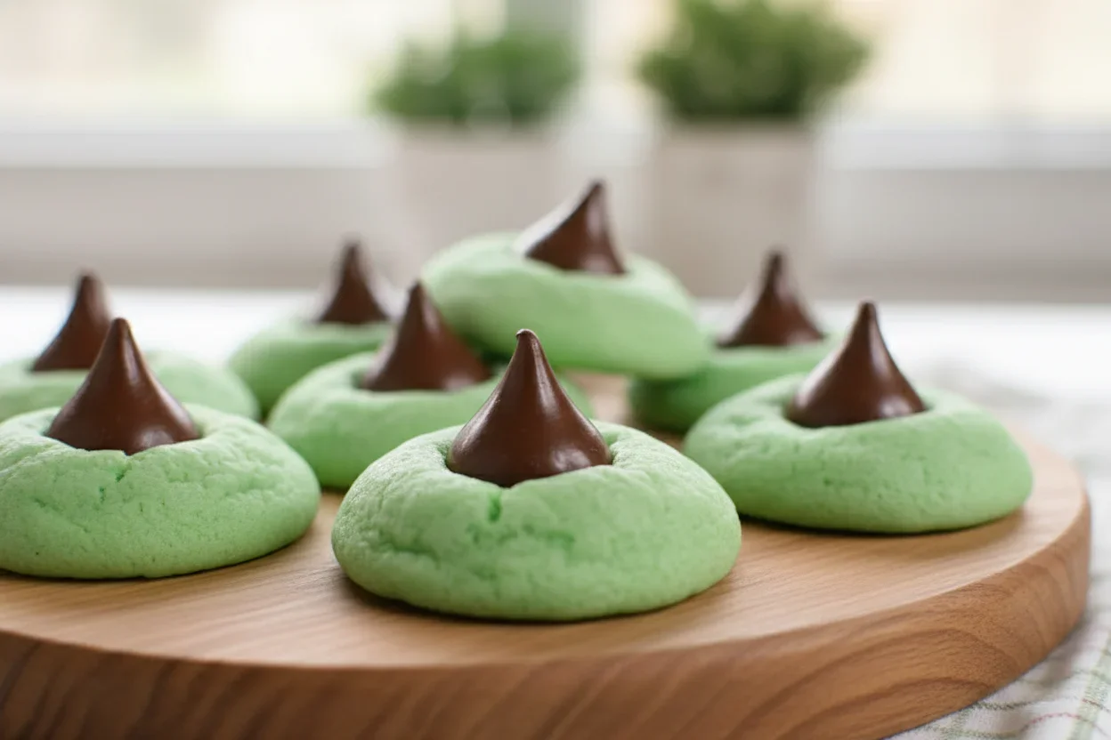 Green cookies topped with chocolate peaks arranged on a wooden board, with a blurred natural background.